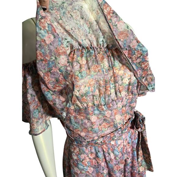 Vintage Samuel Blue Floral Off Shoulder Dress Size 14 Romantic Midi - Picture 9 of 10